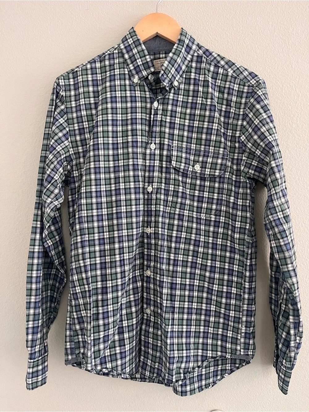 Mens J. Crew Green and Blue Plaid Cotton Button-Down Shirt Small 14-14.5 Preppy